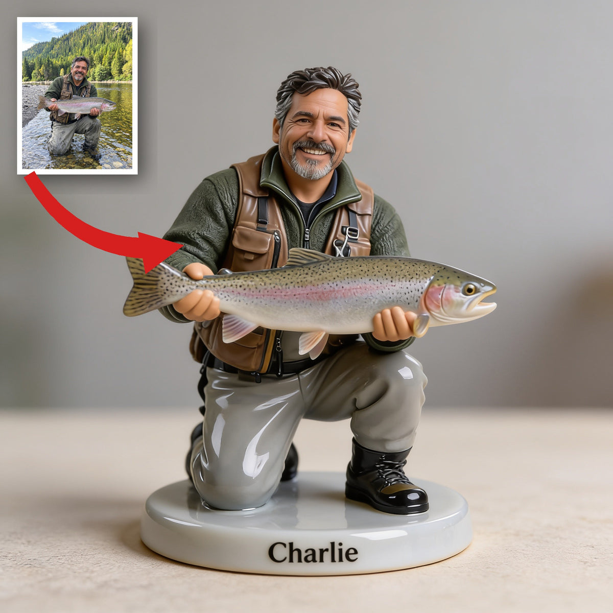 Personalized Middle-Aged Latino Fisherman 3D Figurine Fishing Keepsake Gift