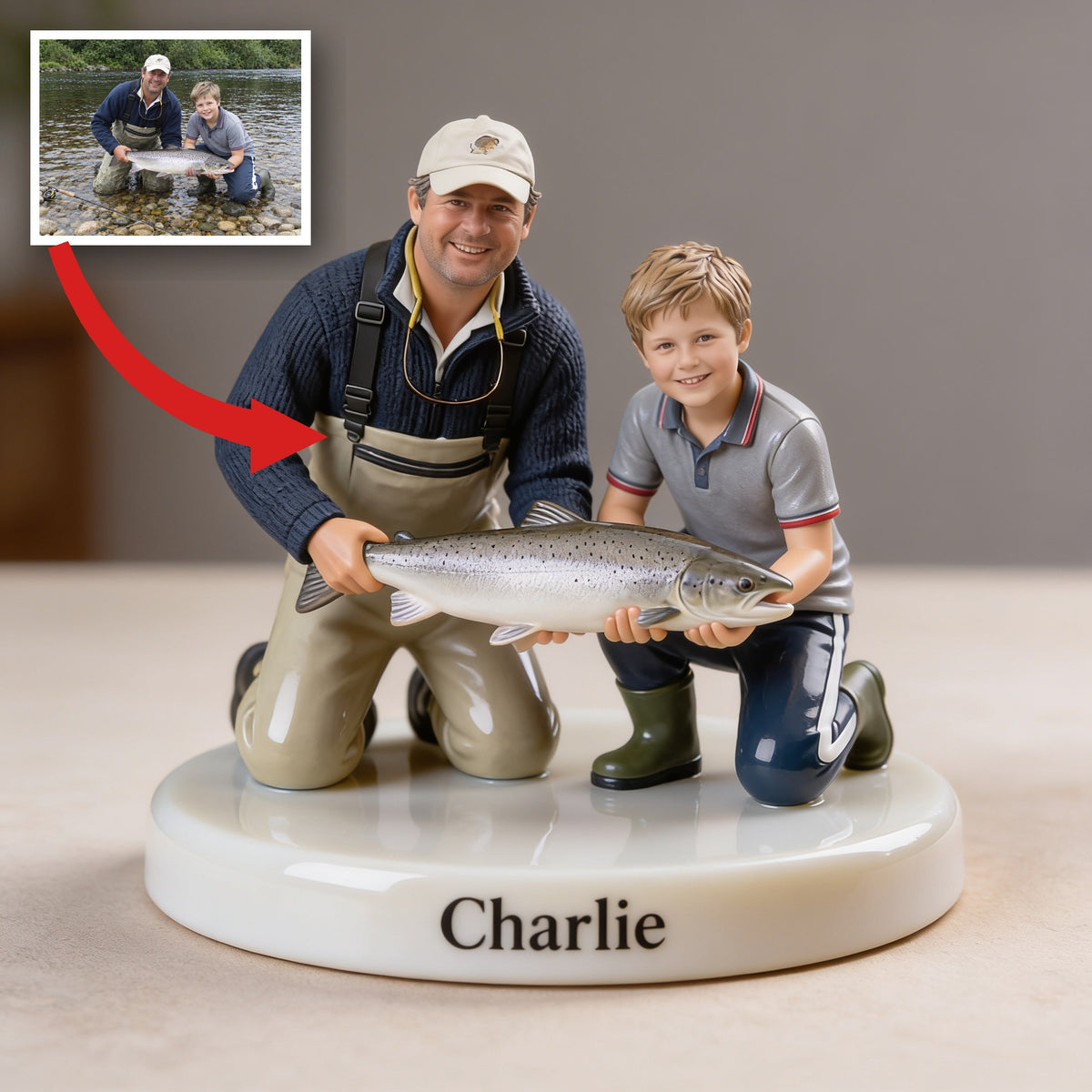 Personalized Father and Child with Fish Custom 3D Figurine Fishing Keepsake Gift