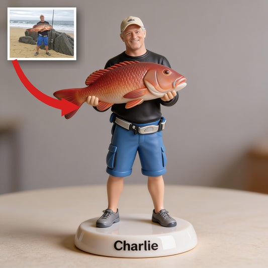 Personalized Middle-Aged Fisherman 3D Figurine, Custom Fishing Keepsake Gift