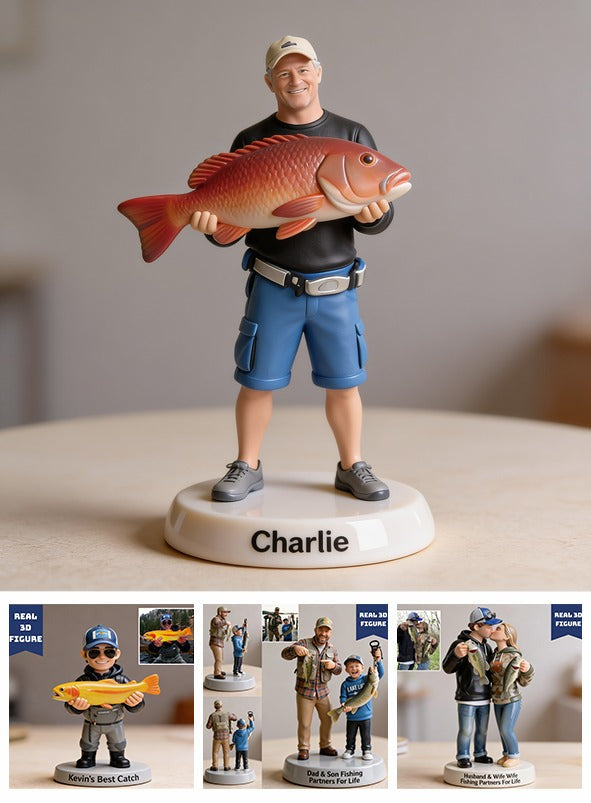 Personalized Middle-Aged Fisherman 3D Figurine, Custom Fishing Keepsake Gift