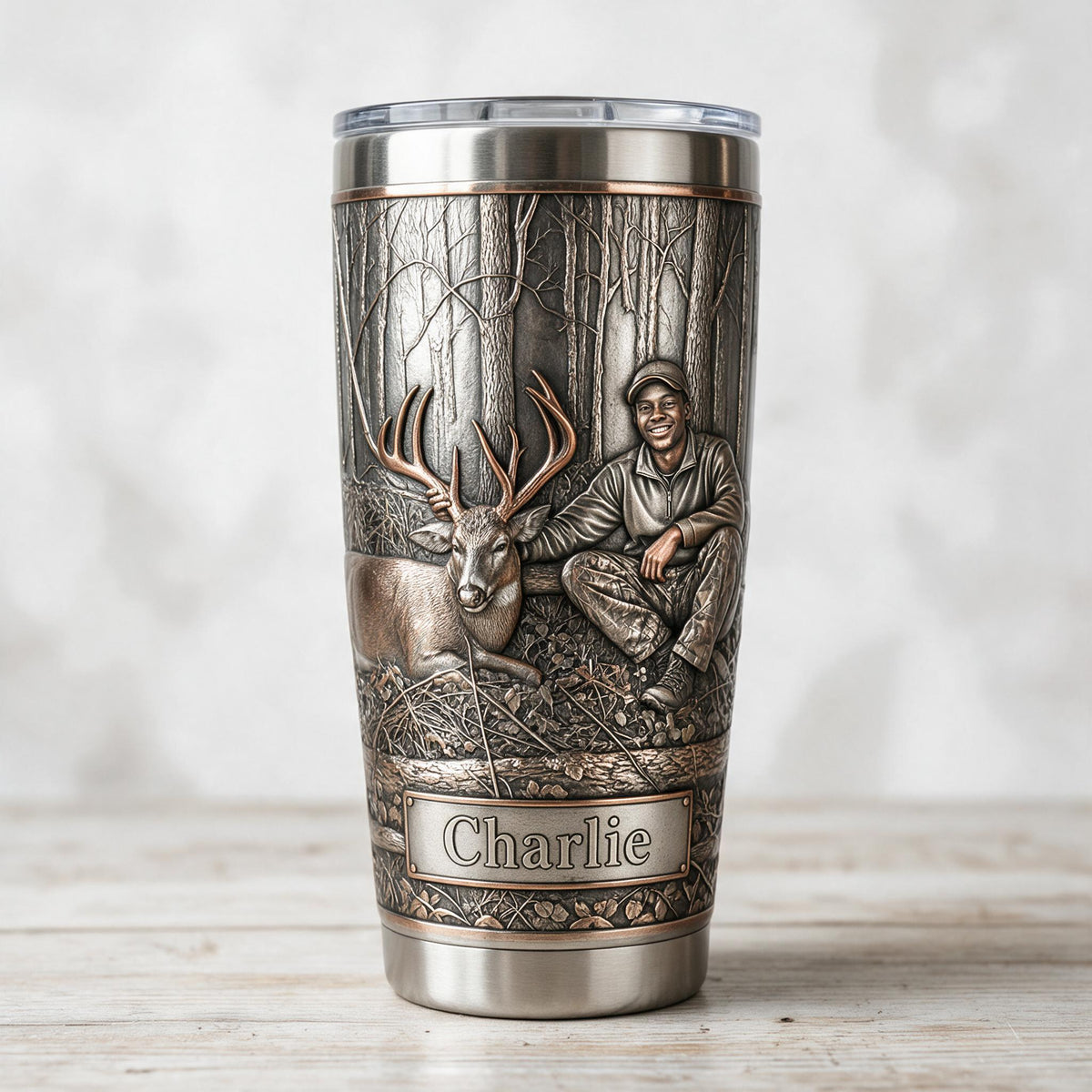 Personalized Black Hunter with Deer Hunting Tumbler