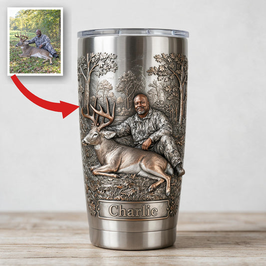 Personalized Middle-Aged Black Hunter with Deer Hunting Tumbler, Hunter Gift