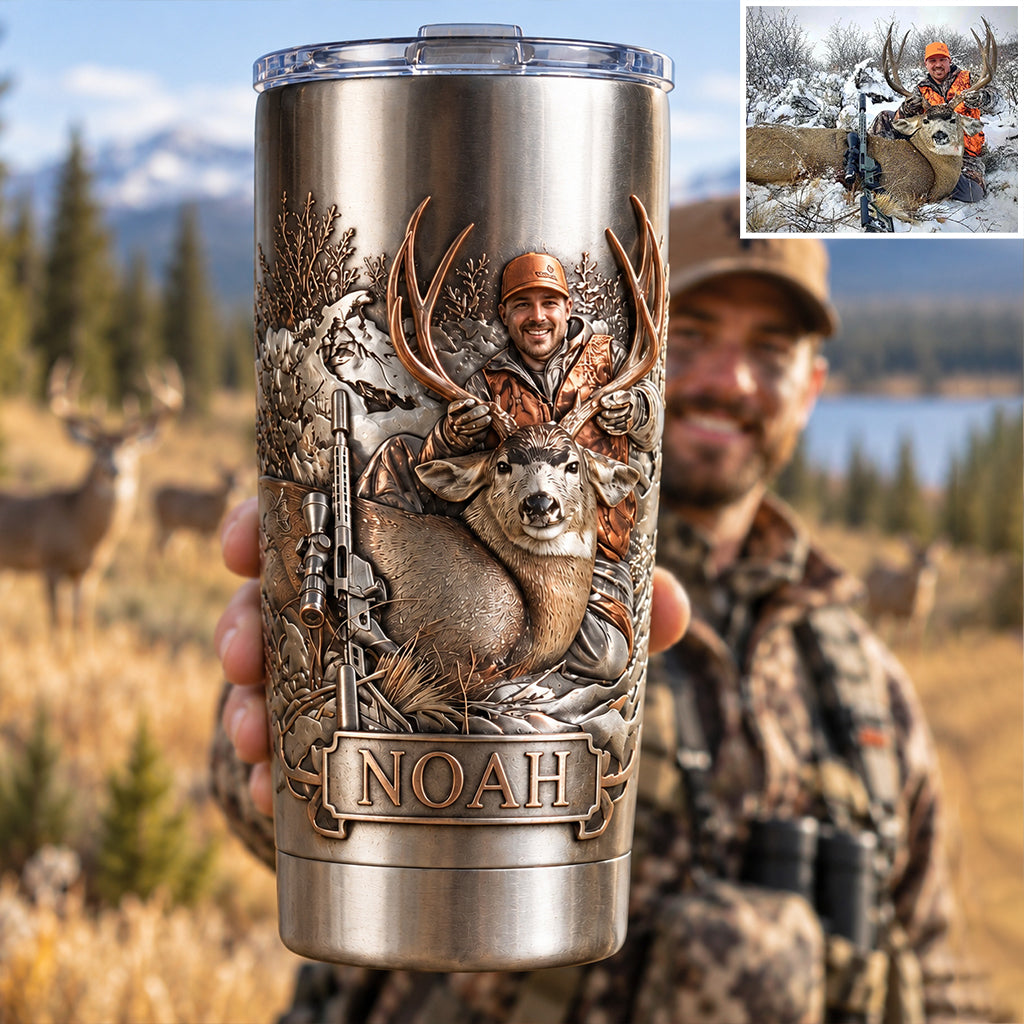 Personalized Middle-Aged Black Hunter with Deer Hunting Tumbler, Hunter Gift