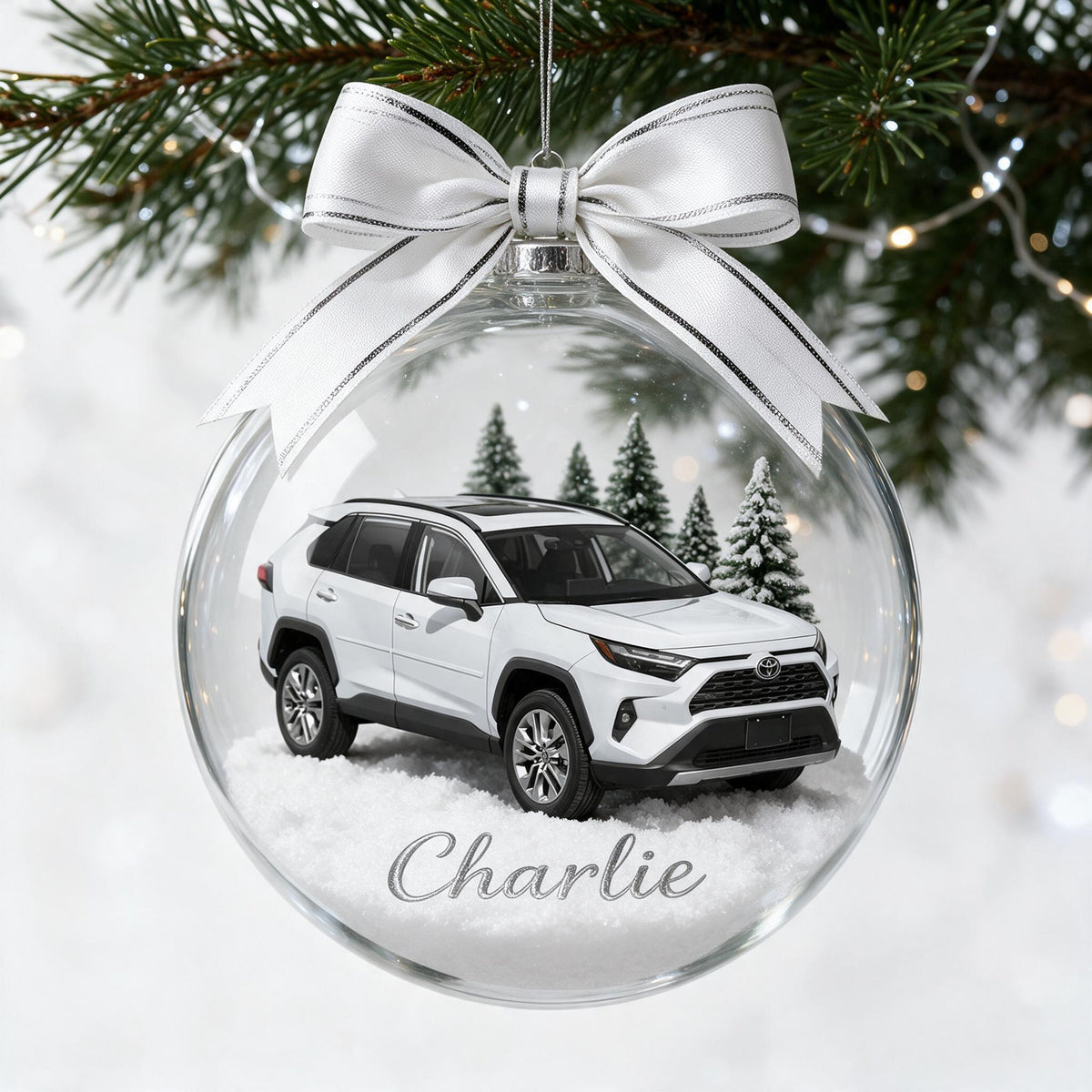 Personalized Christmas White Toyota RAV4 Snow Globe Ornament Car Lover Gift