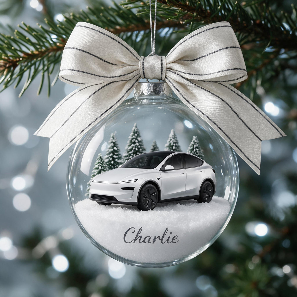 Personalized Christmas White Electric Car Snow Globe Ornament Car Lover Gift