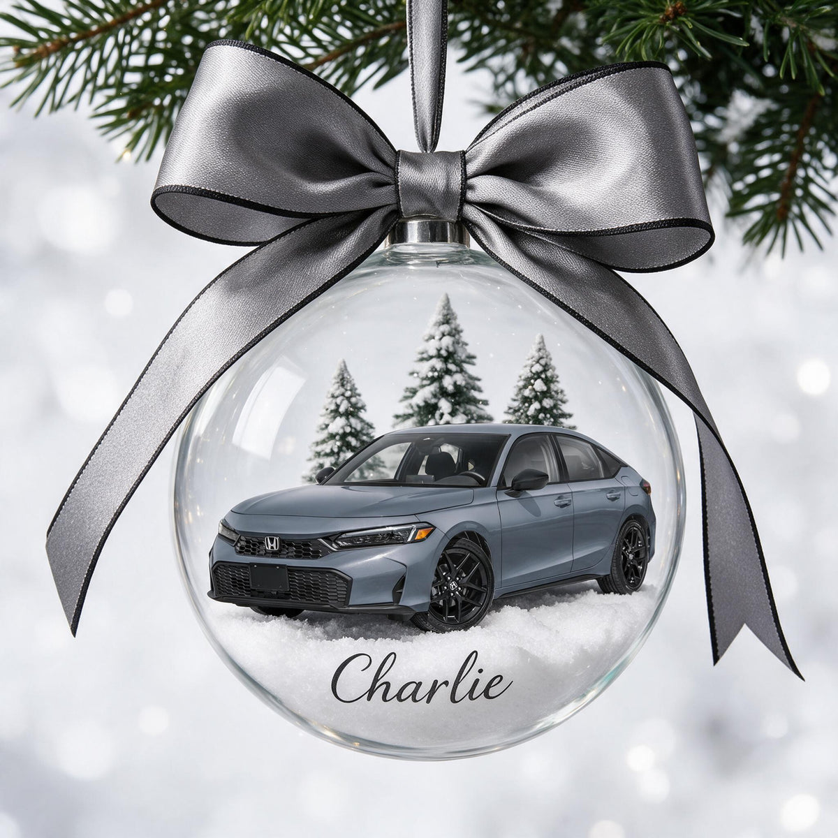 Personalized Christmas Grey Honda Civic Snow Globe Ornament Car Lover Gift