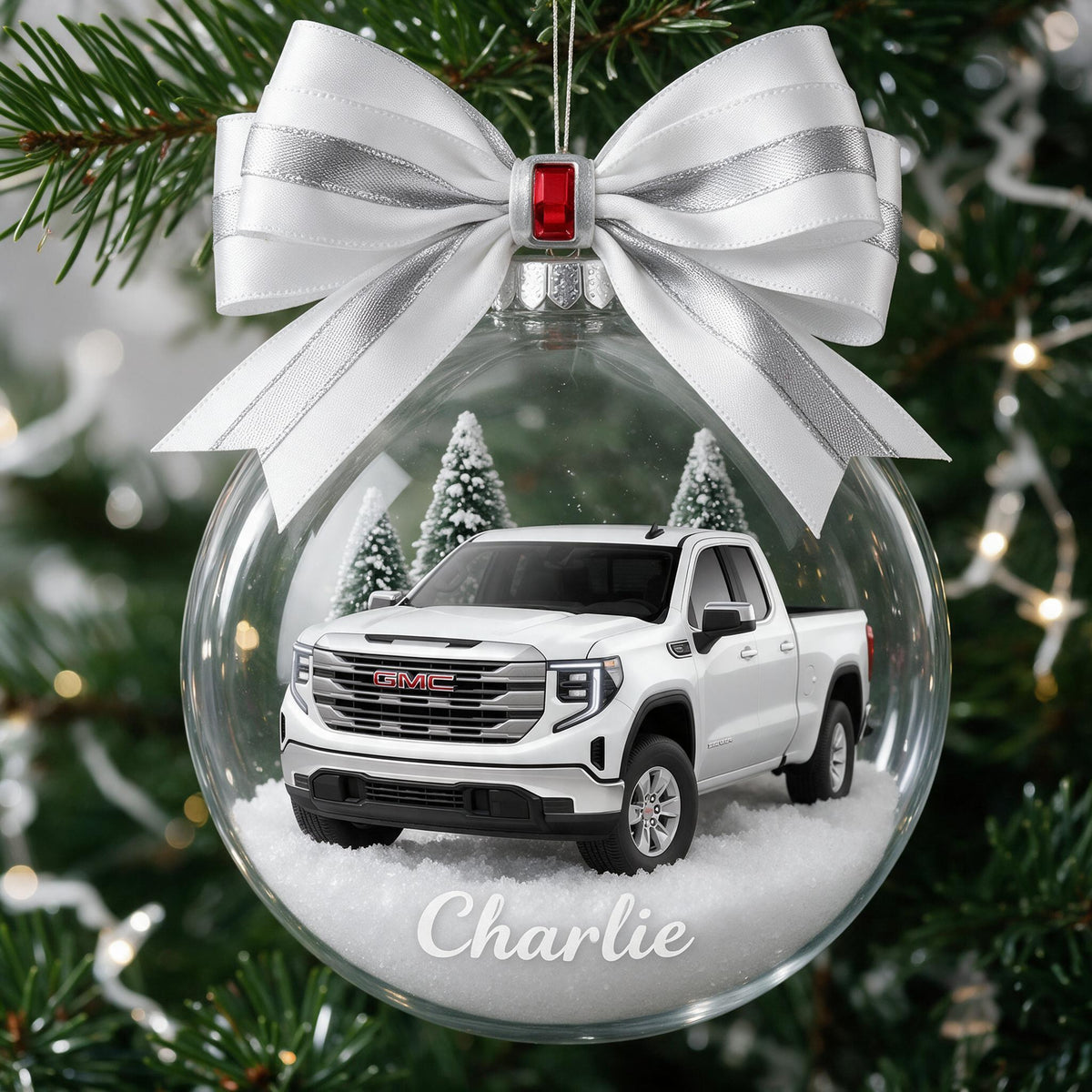 Personalized Christmas White GMC Pickup Truck Snow Globe Ornament, Truck Lover Keepsake