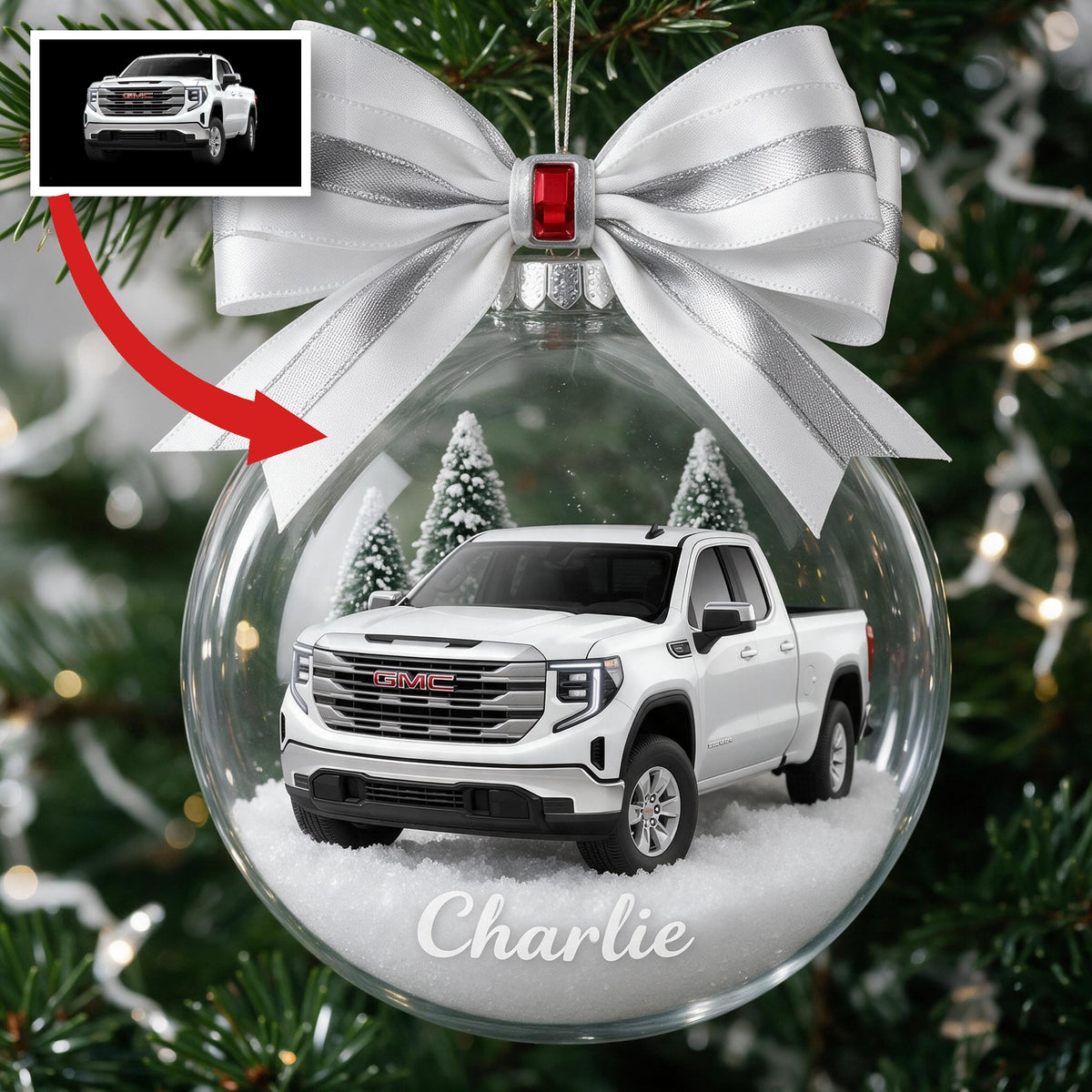 Personalized Christmas White GMC Pickup Truck Snow Globe Ornament, Truck Lover Keepsake