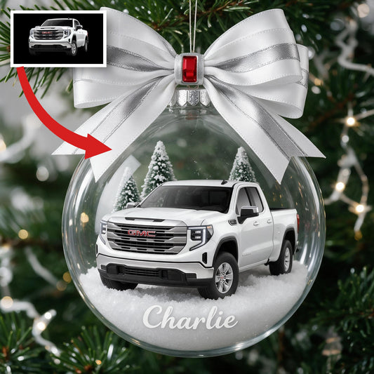 Personalized Christmas White GMC Pickup Truck Snow Globe Ornament, Truck Lover Keepsake