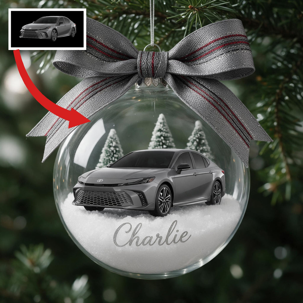 Personalized Christmas Grey Toyota Camry Sedan Snow Globe Ornament Car Lover Gift
