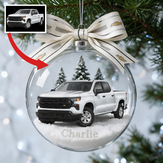 Personalized Christmas White Chevrolet Silverado Pickup Truck Snow Globe Ornament