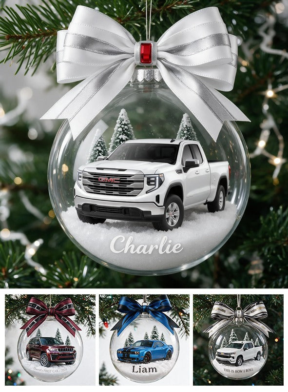 Personalized Christmas White GMC Pickup Truck Snow Globe Ornament, Truck Lover Keepsake