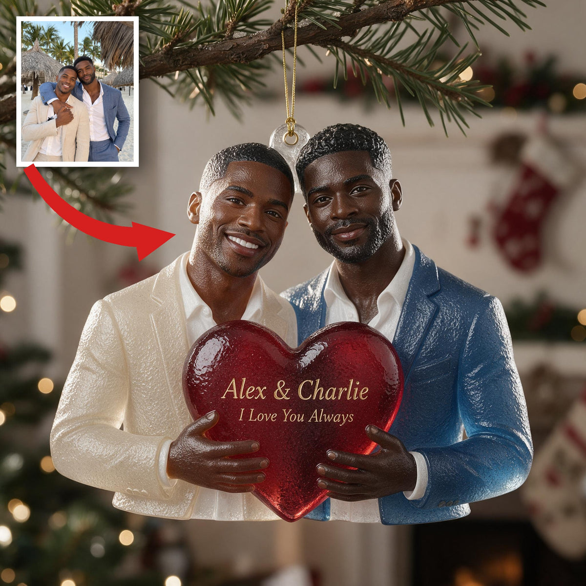 Personalized Black Gay Couple Christmas Glass Ornament Couple Gift