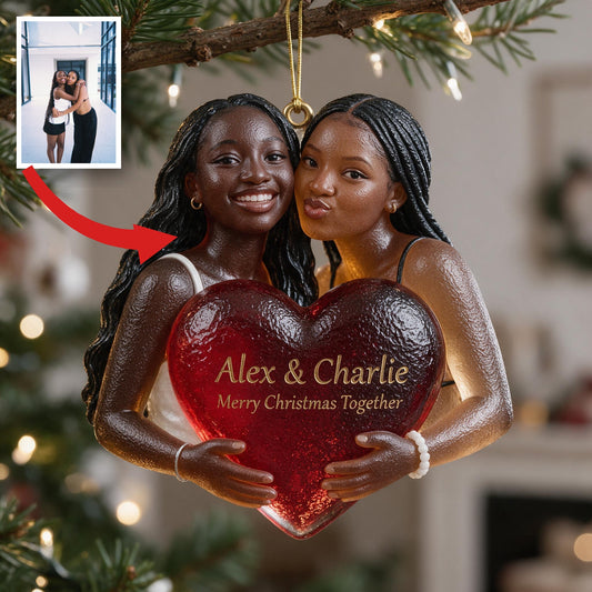 Personalized Christmas Black Lesbian Couple Glass Ornament LGBT Couple Keepsake