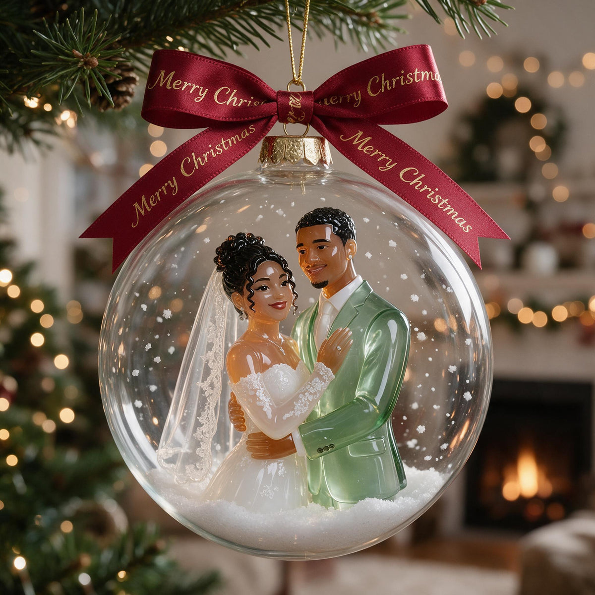 Personalized Christmas Wedding Latino Couple Snow Globe Ornament Newlywed Keepsake