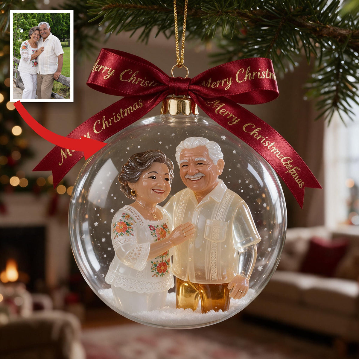 Personalized Christmas Older Latino Couple Snow Globe Ornament Family Holiday Gift