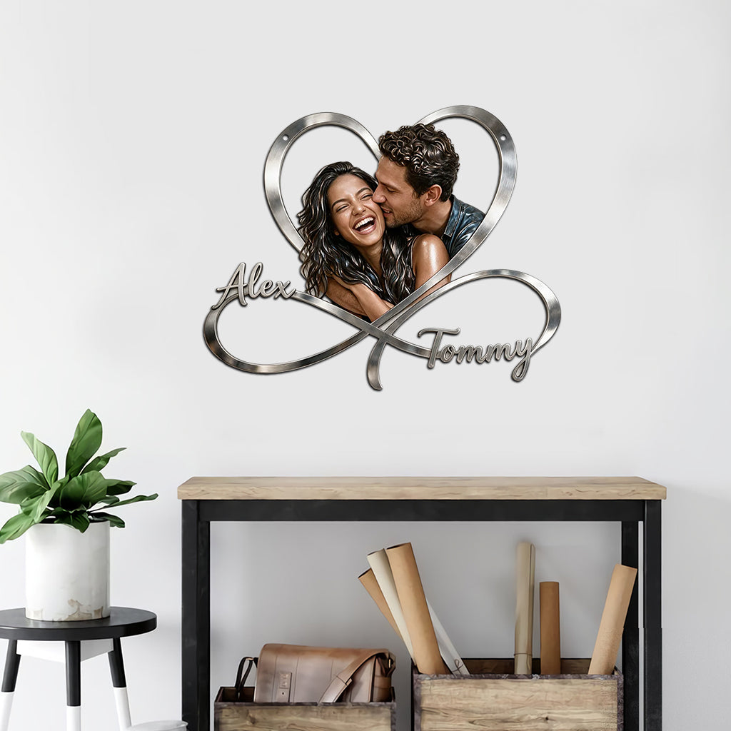 Personalized Custom Photo Wedding Black Couple Infinity Heart Metal Sign Bedroom Decor