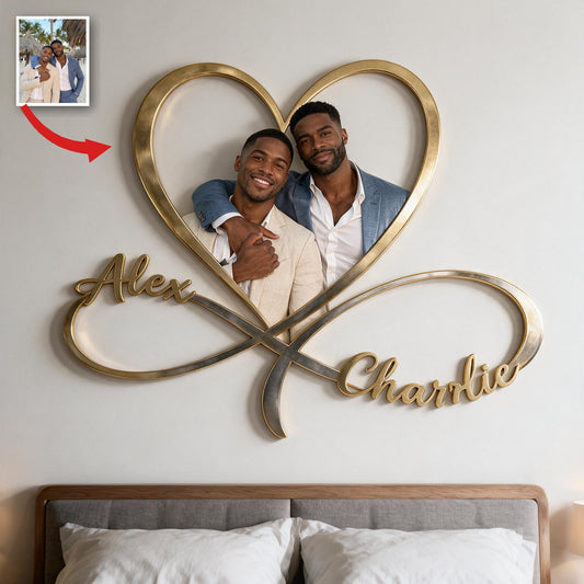 Personalized Custom Photo Black Gay Couple Infinity Heart Metal Sign Bedroom Decor