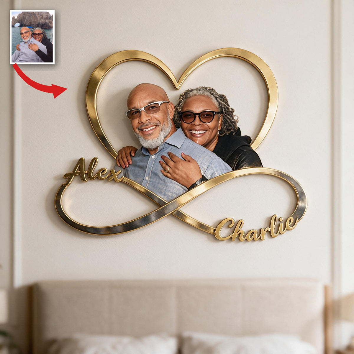 Personalized Custom Photo Middle-Aged Black Couple Infinity Heart Metal Sign Bedroom Decor