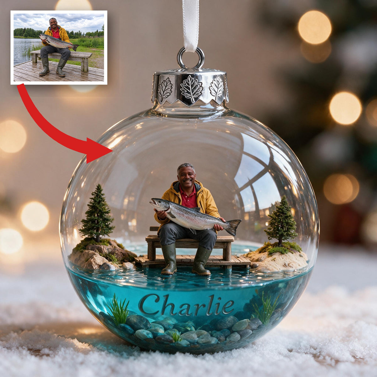 Personalized Christmas Middle-Aged Black Fisherman Fishing Ornament