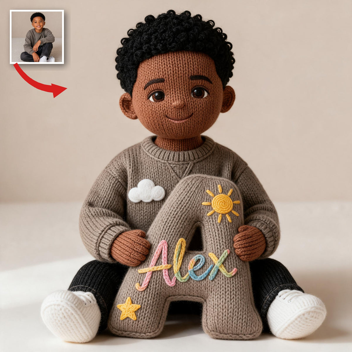 Personalized Custom Photo Black Little Boy Faux Fur Pillow Son Grandson Gift