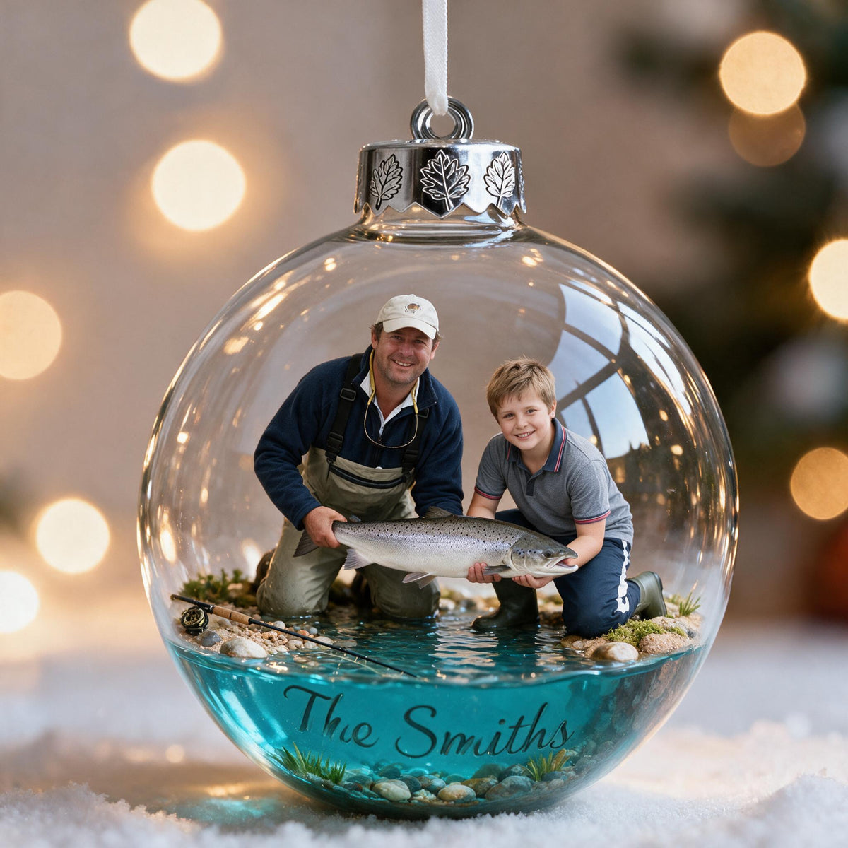 Personalized Custom Photo Christmas Father and Child with Fish Fishing Ornament