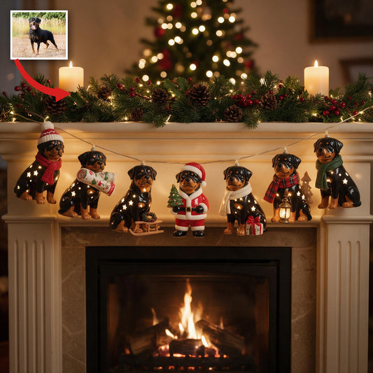Guirlande lumineuse personnalisée Rottweiler adulte noir et feu pour Noël