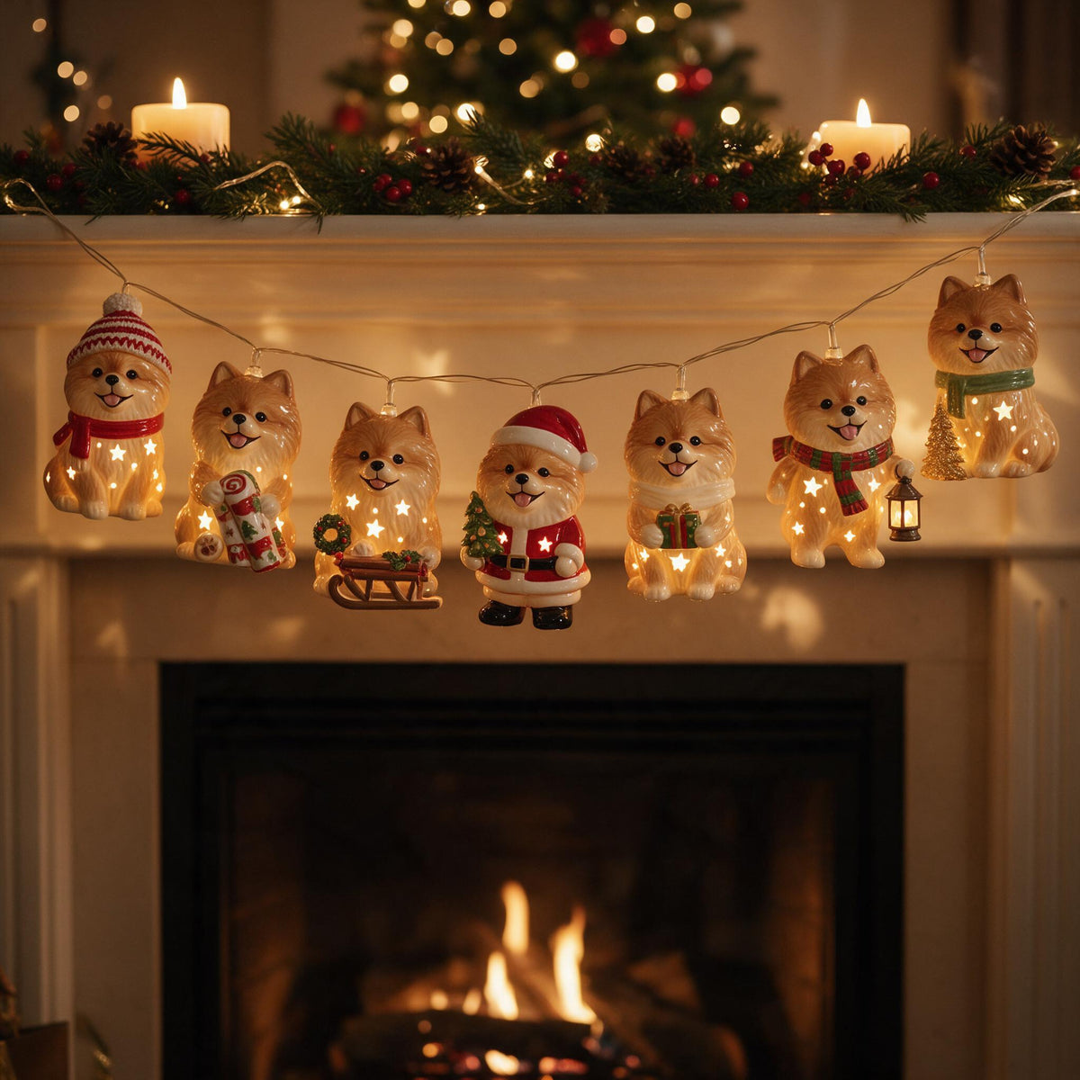 Personalized Custom Photo Christmas Fluffy Golden Pomeranian String Lights