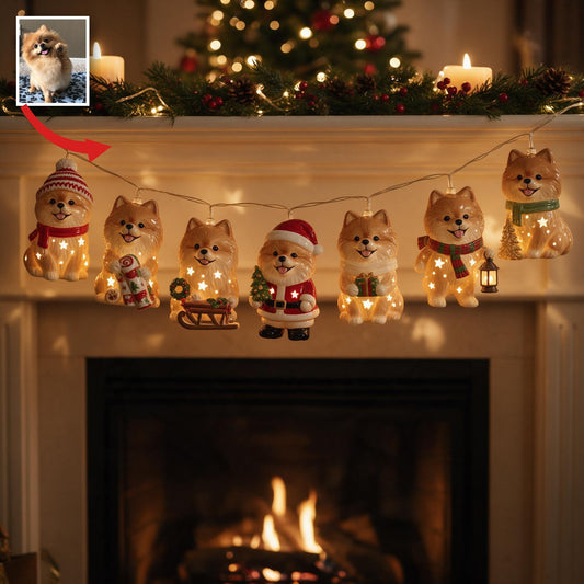 Guirlande lumineuse personnalisée photo de Noël Pomeranian doré moelleux