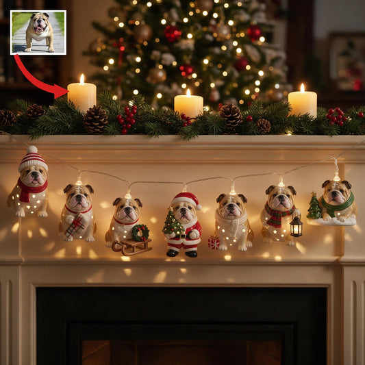 Personalisierte Foto Weihnachtsfawn & Weiße Bulldoggen Lichterkette