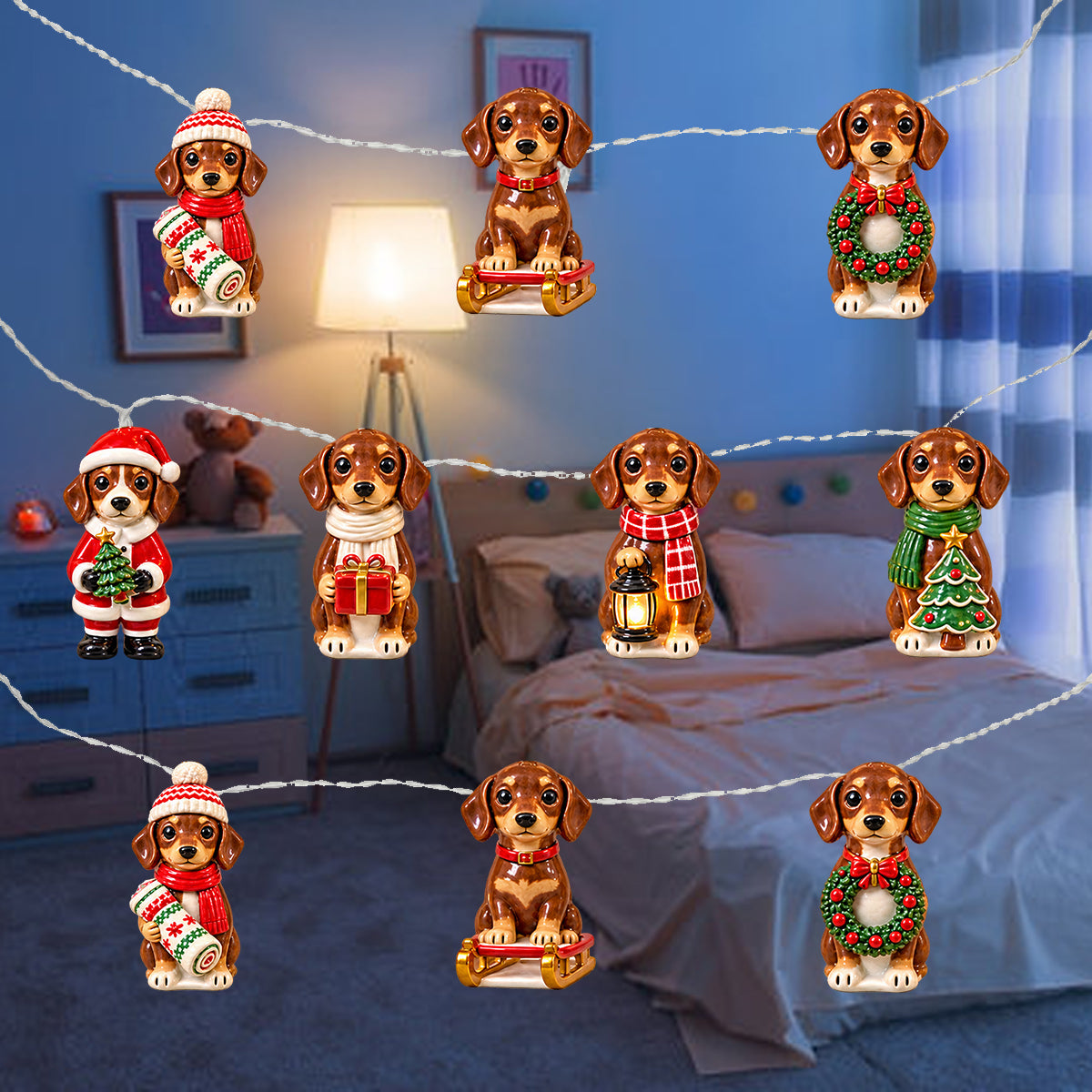 Personalized Custom Photo Christmas Fawn Black Mask Pug String Lights Home Decor