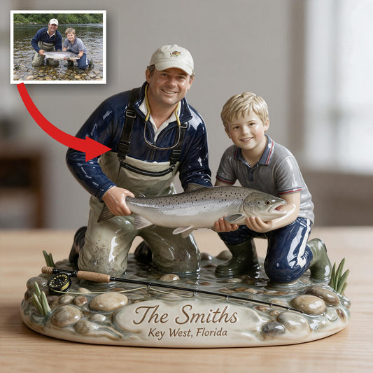 Personalized Custom Photo Father and Child with Fish 3D Resin Plaque Fishing Home Decor Gift