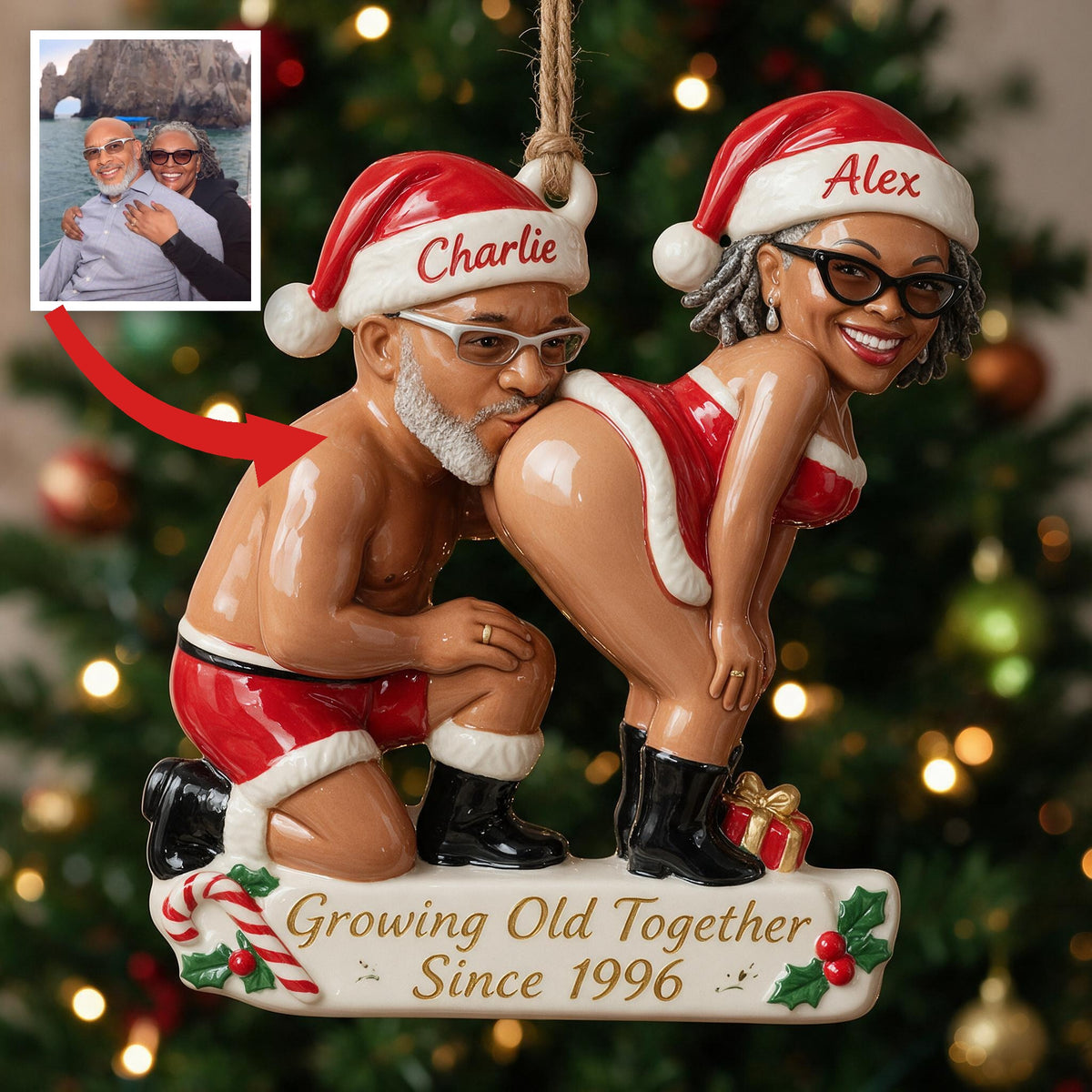 Personalized Custom Photo Christmas Middle-Aged Black Couple Funny 3D Ornament