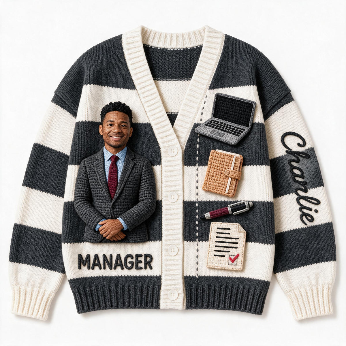 Personalized Black Male Office Manager Cardigan Sweater Work Gift