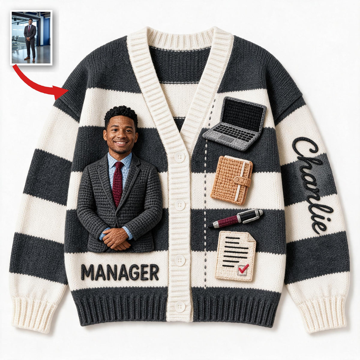 Personalized Black Male Office Manager Cardigan Sweater Work Gift