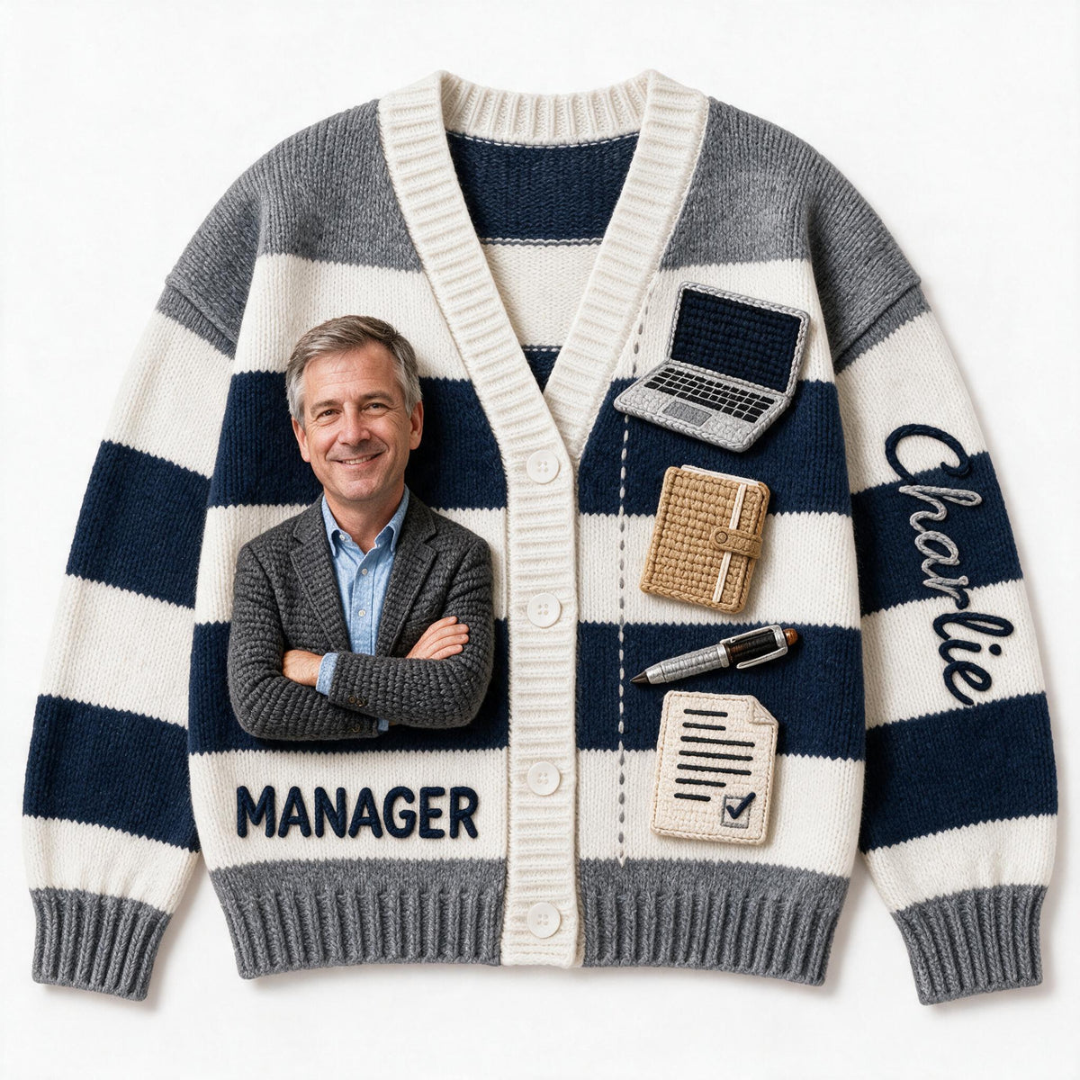 Personalized Older Male Office Cardigan Sweater Work Gift