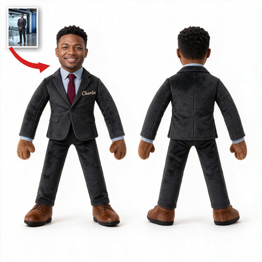 Personalisierte schwarze männliche Kollege posierbare Plüschpuppe Geschenk zur Arbeit