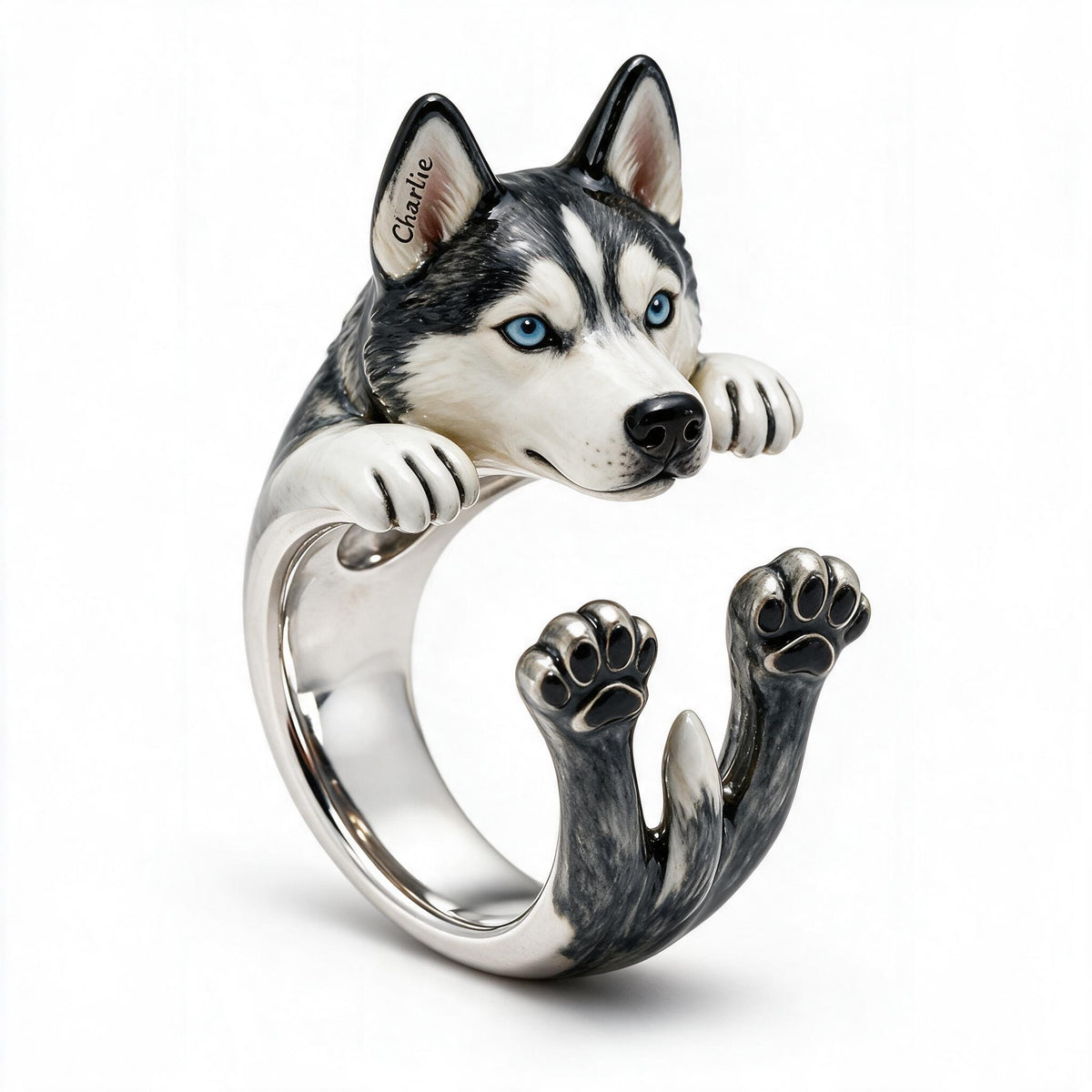 Personalized Blue Eyed Siberian Husky Adjustable Ring Dog Lover Gift