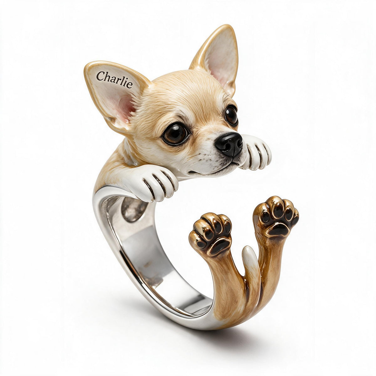 Personalized Fawn White Chihuahua Puppy Adjustable Ring Dog Lover Gift