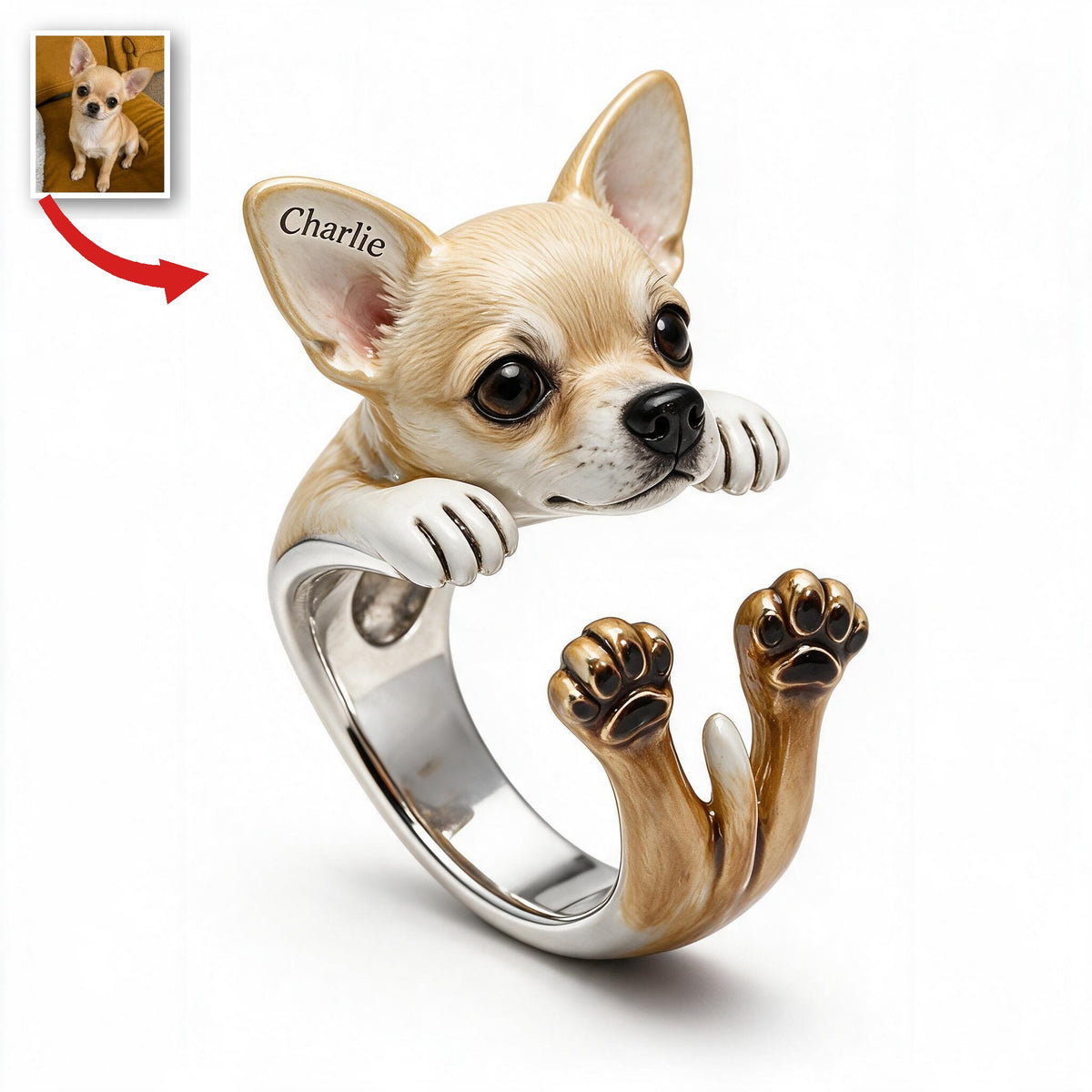 Personalized Fawn White Chihuahua Puppy Adjustable Ring Dog Lover Gift