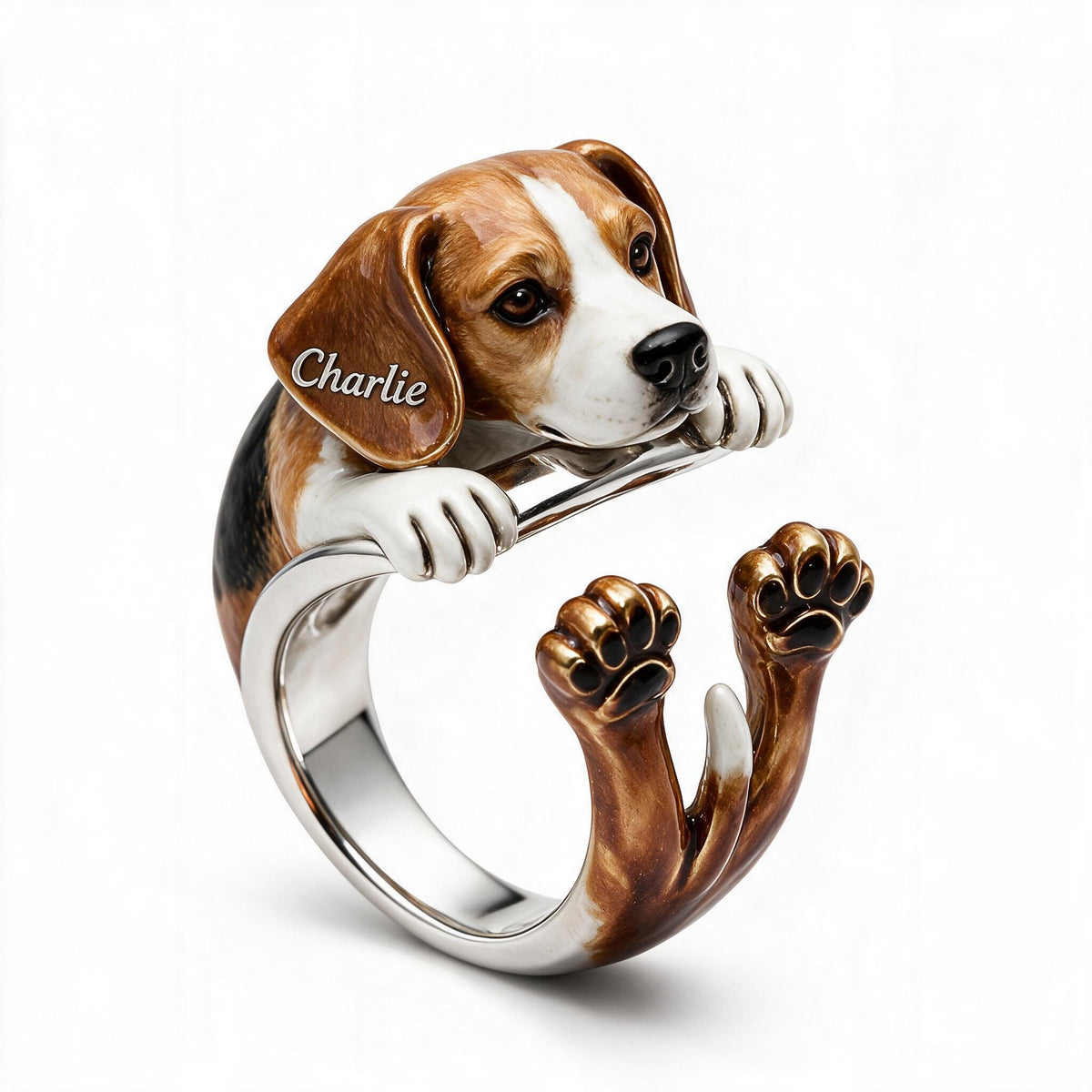 Personalized Adult Tricolor Beagle Adjustable Shaped Ring Dog Lover Gift
