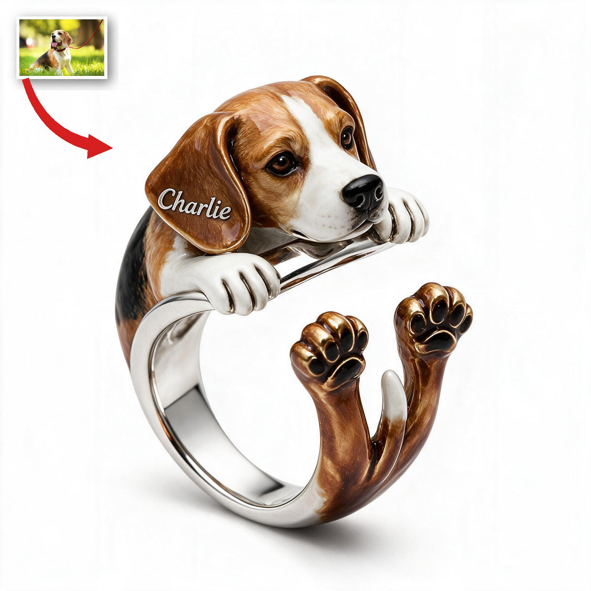 Personalized Adult Tricolor Beagle Adjustable Shaped Ring Dog Lover Gift
