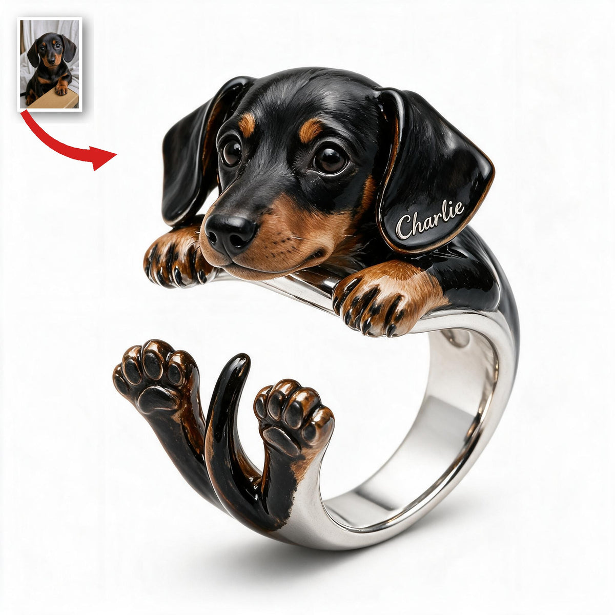 Personalized Black and Tan Dachshund Puppy Adjustable Ring Dog Lover Gift