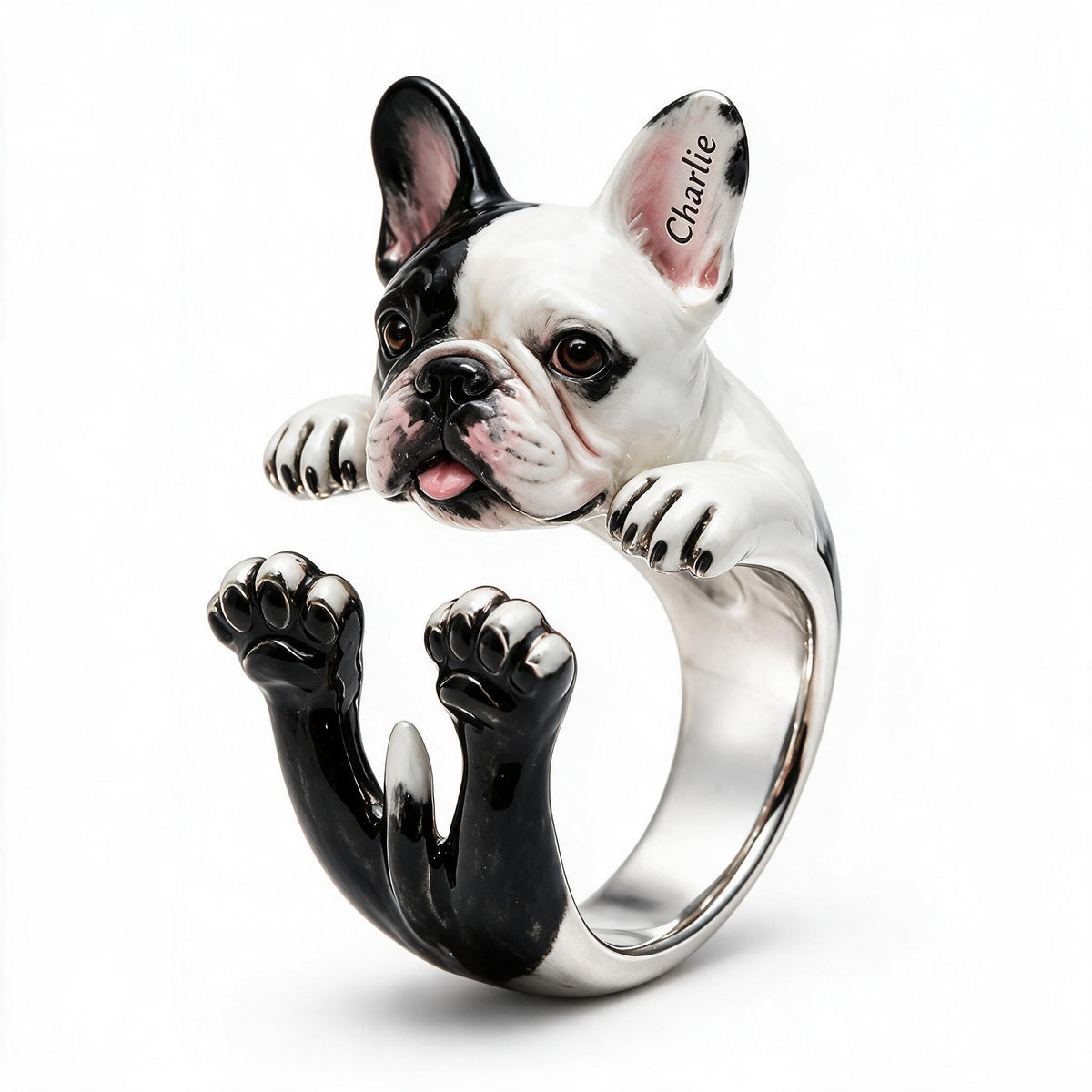 Personalized Black and White French Bulldog Adjustable Ring Dog Owner Gift