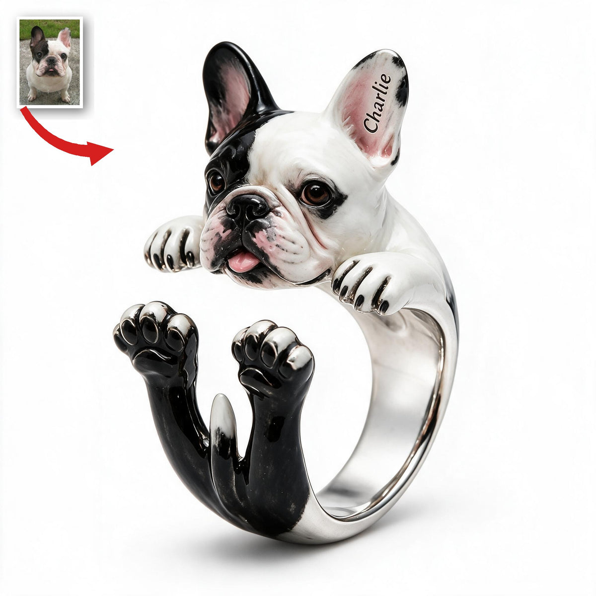 Personalized Black and White French Bulldog Adjustable Ring Dog Owner Gift