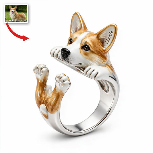 Personalized Tan and White Pembroke Welsh Corgi Adjustable Ring Dog Lover Gift
