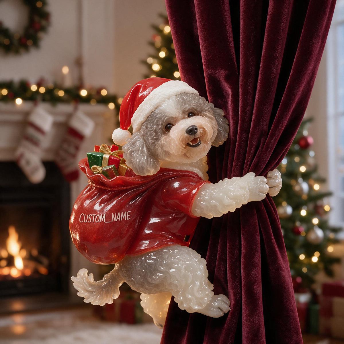 Personalized Custom Photo Christmas Poodle Curtain Tieback Holiday Window Decor