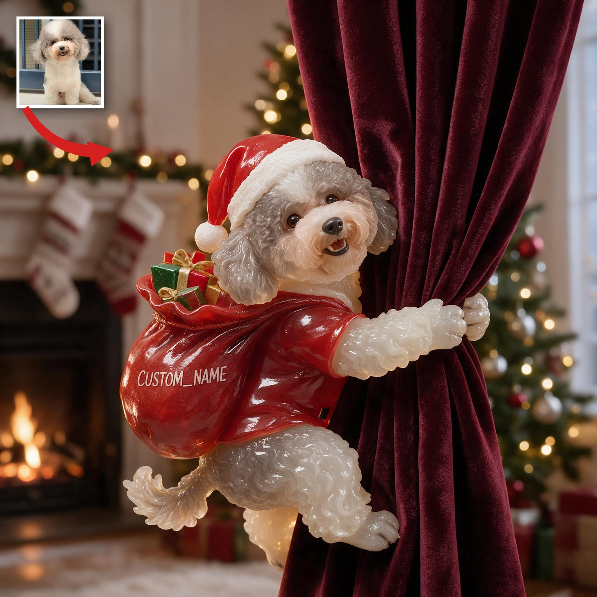 Personalized Custom Photo Christmas Poodle Curtain Tieback Holiday Window Decor