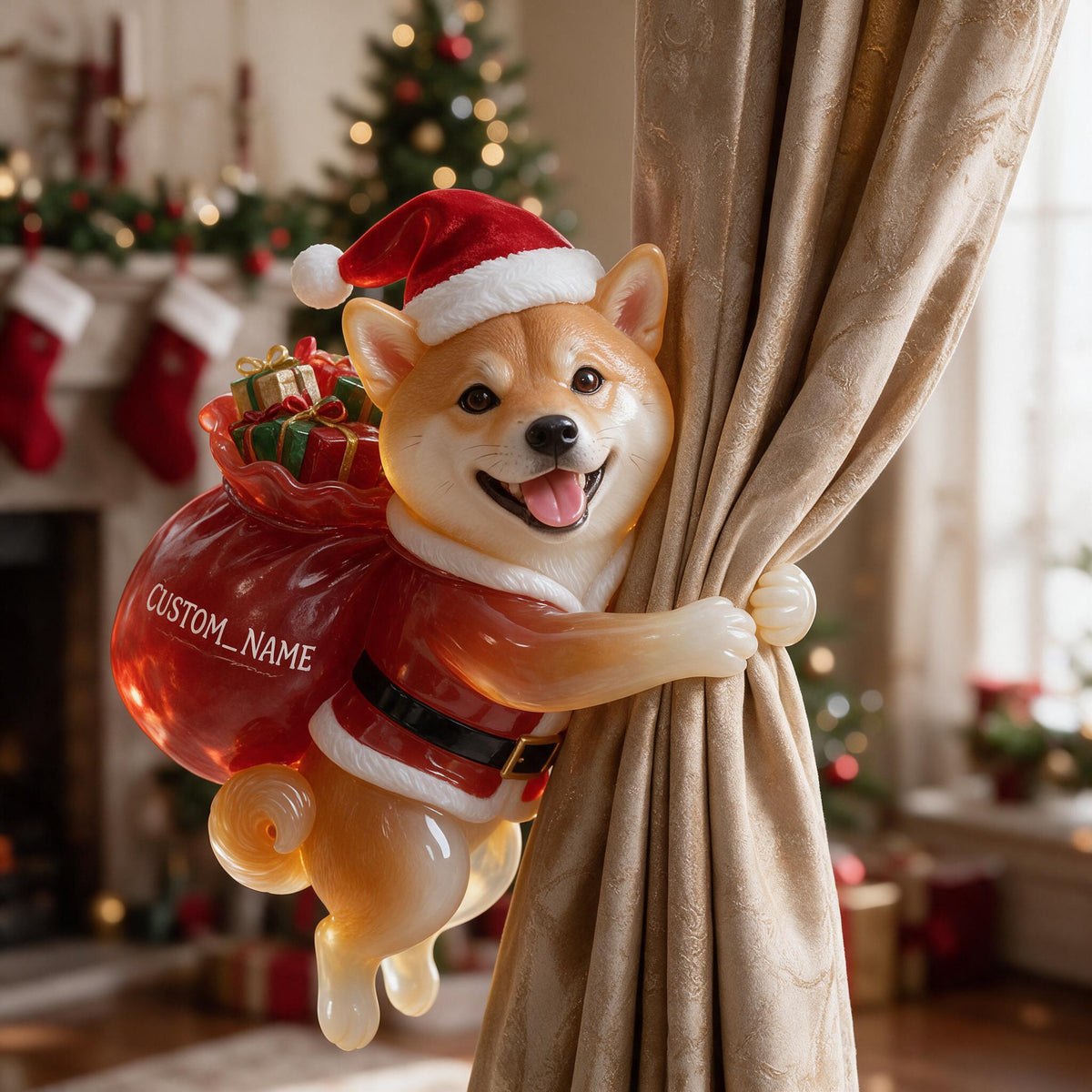 Personalized Custom Photo Christmas Tan & White Adult Shiba Inu Curtain Tieback Home Decor