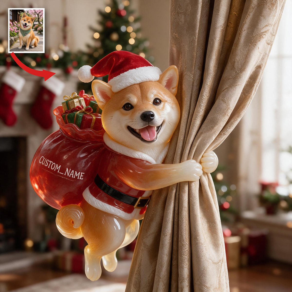 Personalized Custom Photo Christmas Tan & White Adult Shiba Inu Curtain Tieback Home Decor